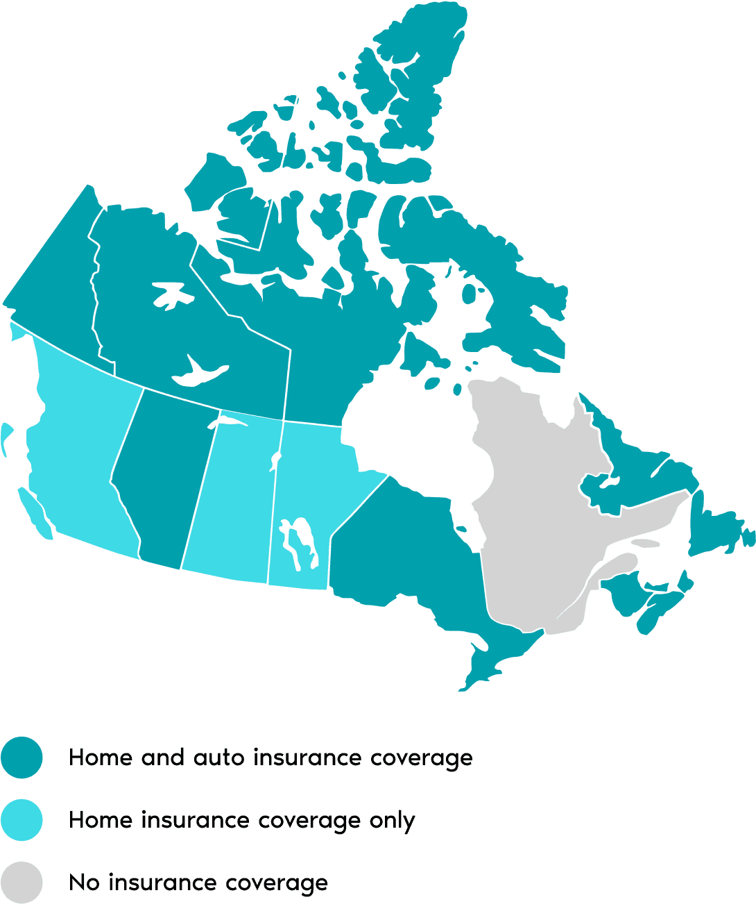 A map of Canada with color-coded provinces and territories indicating different insurance coverage options:      Dark Blue: Home and auto insurance coverage available.     Light Blue: Home insurance coverage only.     Grey: No insurance coverage available.