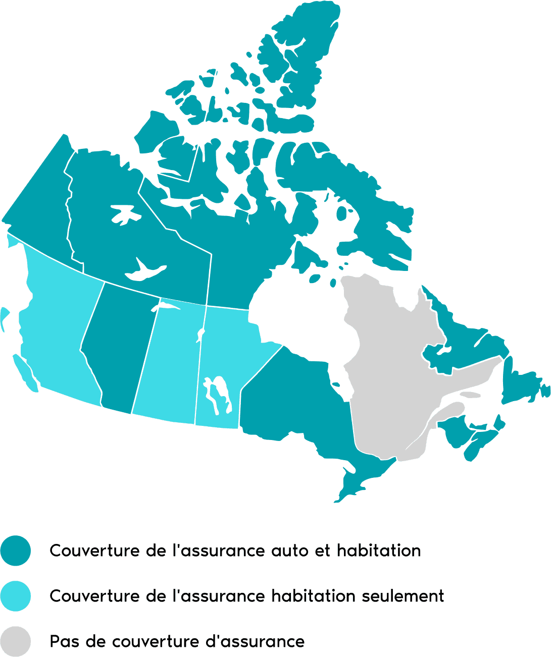 Carte du Canada indiquant la couverture d'assurance par province: bleu foncé (habitation et auto), bleu clair (habitation seulement), gris (aucune).